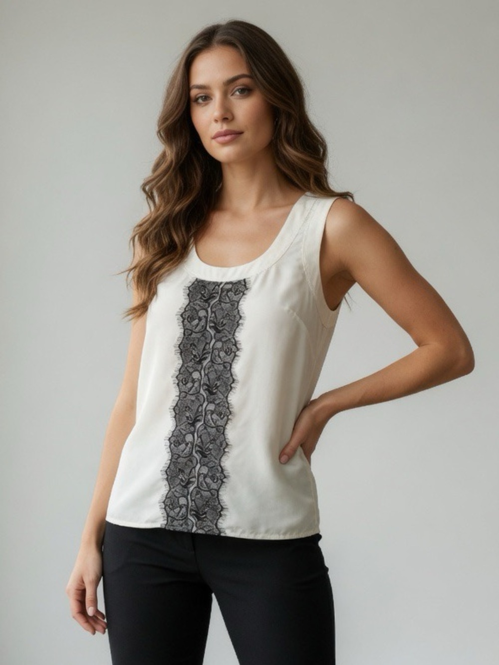 Banana Republic Cream Silk Scoop Neck With Black Eyelash Lace Tank Top Small P